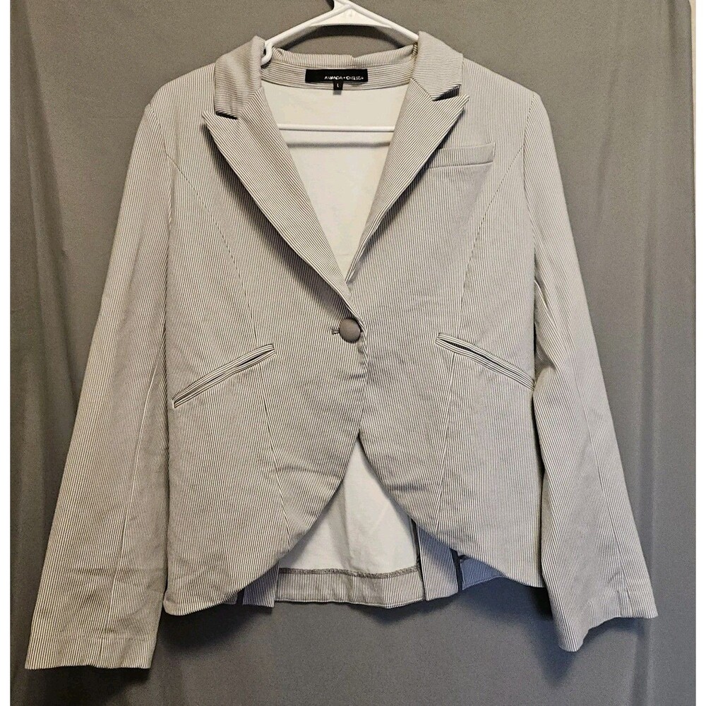 Amanda + Chelsea Womens Large Gray White Pinstripe Blazer One Button Career...